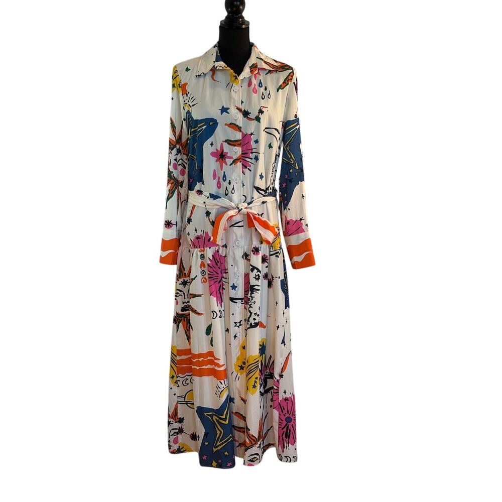 NWOT Sunday Up Colorful Dress Celestial Sun Stars Moon Planets Button Close S